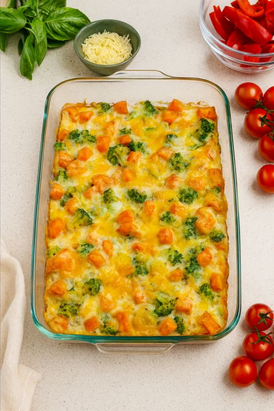 Легкая запеканка с лососем и овощами для быстрого ужина